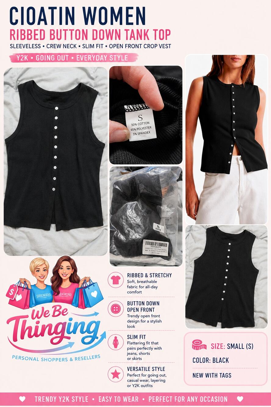 CIOATIN Women's Ribbed Button Front Tank Top Black Sleeveless Size Small NWT